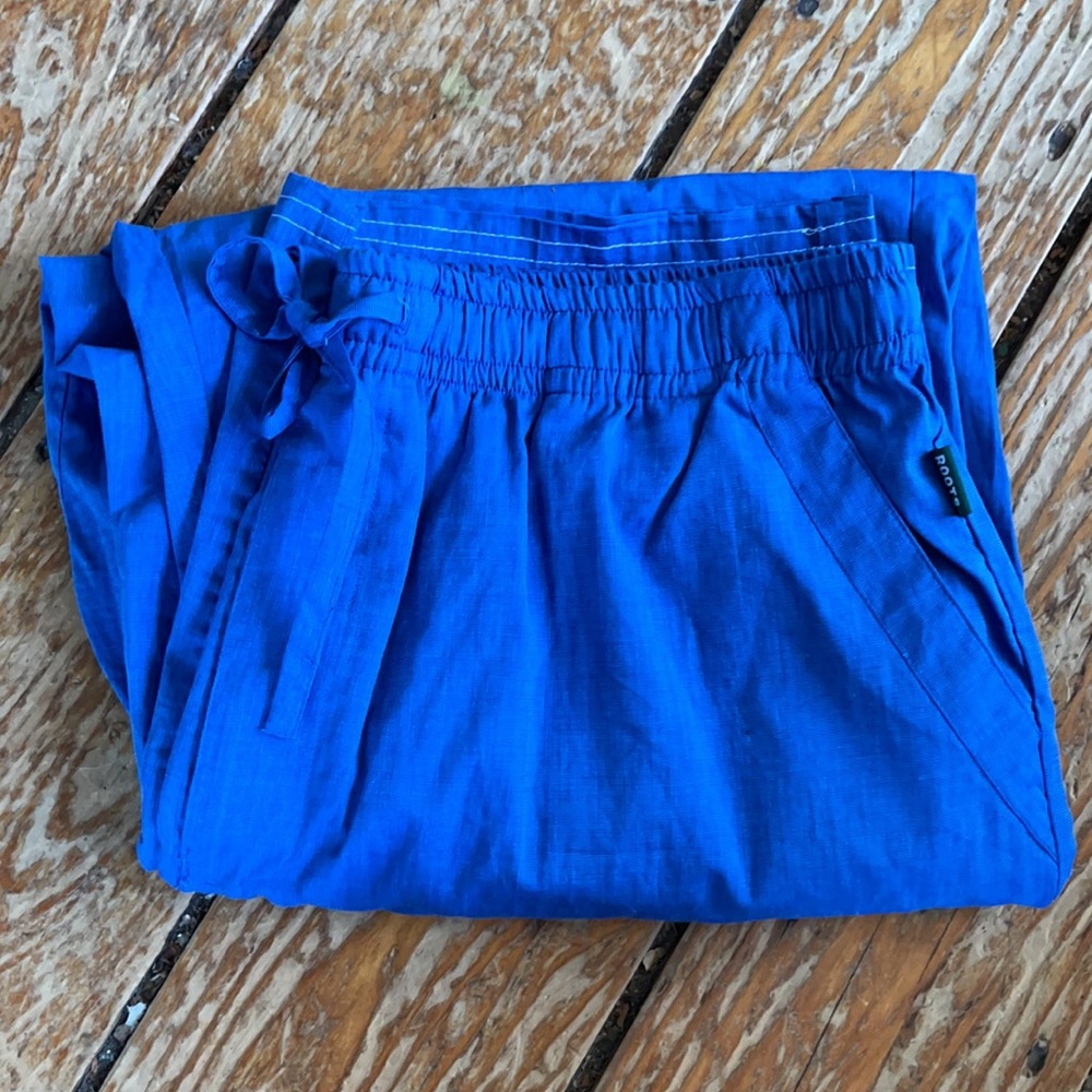 Sz. L - Roots - 100% cotton pyjama bottoms, royal blue, drawstring, lounge pants